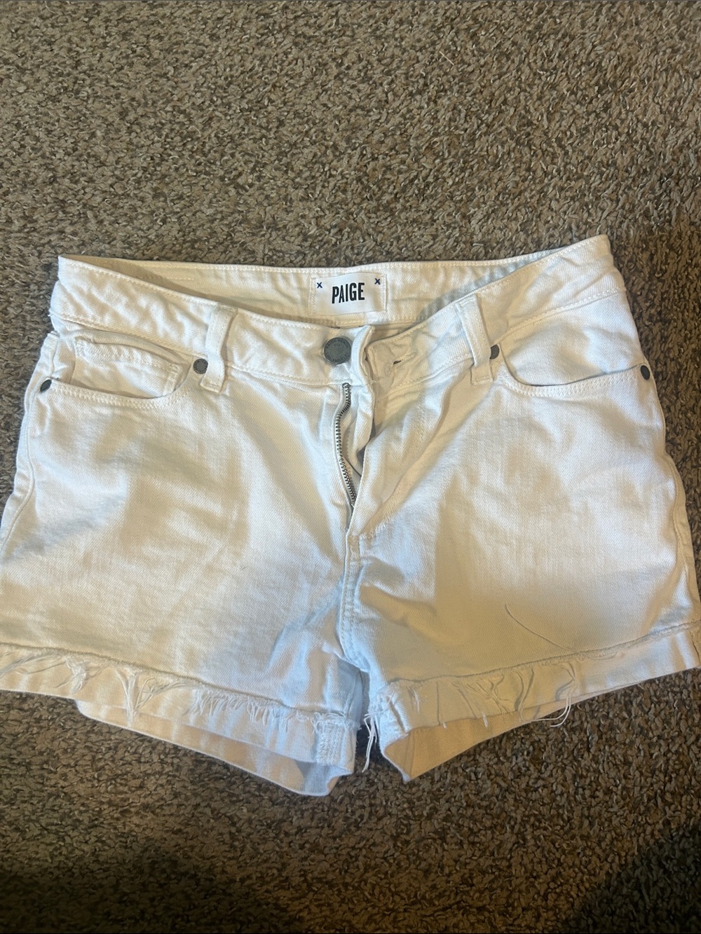 PAIGE Cream Ruffle Hem Denim Shorts